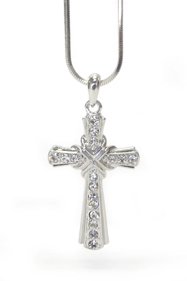 Whitegold Plating Crystal Stud Cross Pendant Necklace