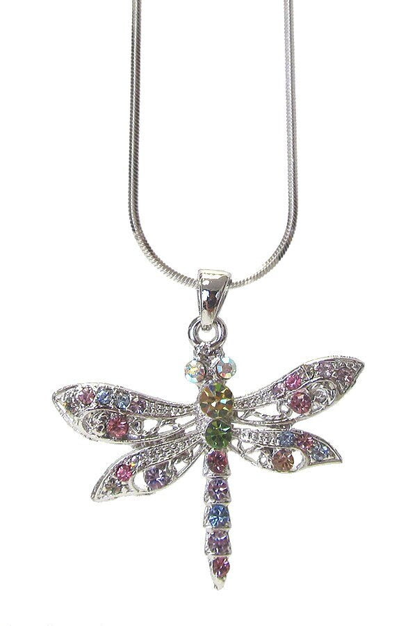 Whitegold Plating Crystal Dragonfly Pendant Necklace