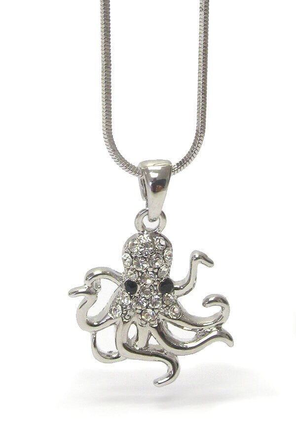 Whitegold Plating Crystal Stud Octopus Pendant Necklace