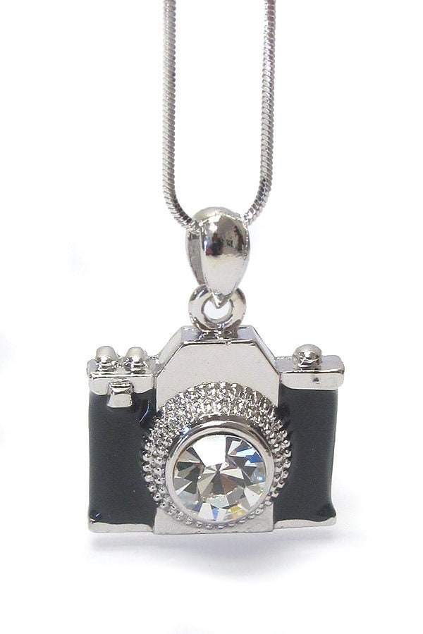 Whitegold Plating Crystal Stud Miniature Camera Pendant Necklace