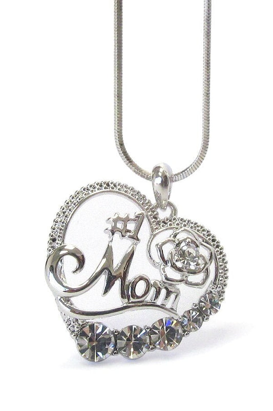 Whitegold Plating Mothers Day Crystal #1 Mom Heart Pendant Necklace