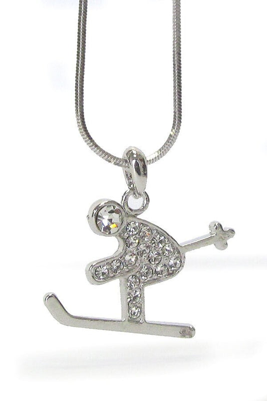 Whitegold Plating Crystal Ski Theme Necklace