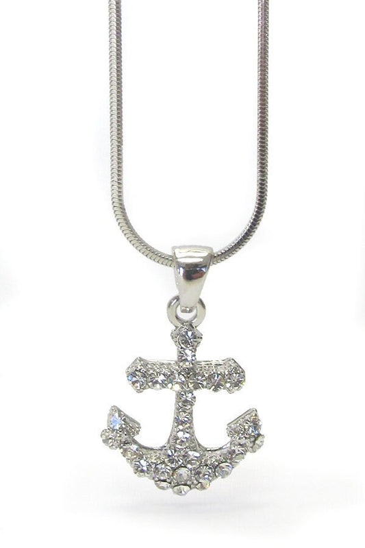 Whitegold Plating Tri Crystal Anchor Pendant Necklace