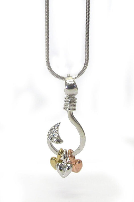 Whitegold Plating Crystal Three Heart Fishing Hook Pendant Necklace -Valentine