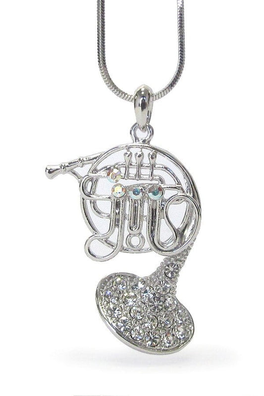 Whitegold Plating Crystal Music Theme Horn Pendant Necklace