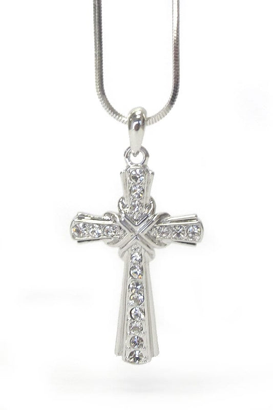 Whitegold Plating Crystal Stud Cross Pendant Necklace