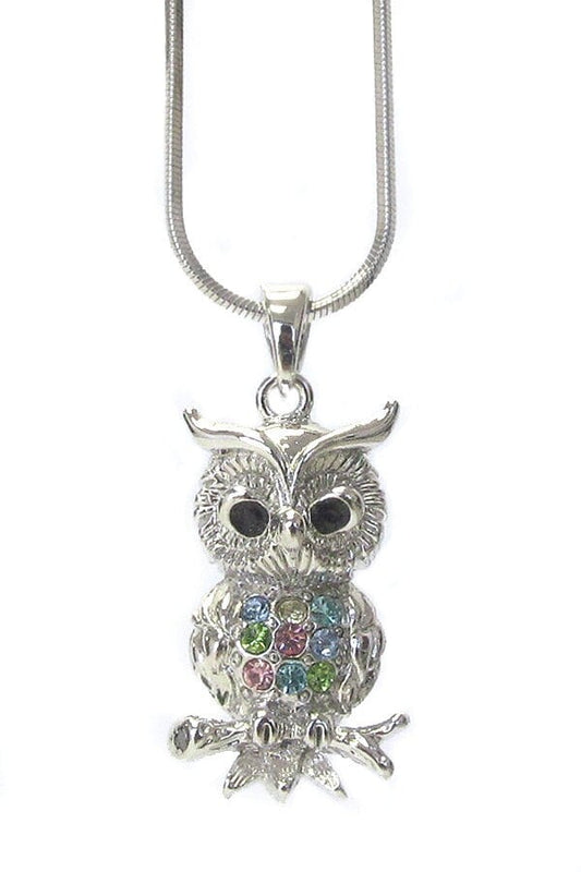 Whitegold Plating Crystal Owl Pendant Necklace