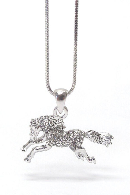 Whitegold Plating Crystal Stud Horse Pendant Necklace