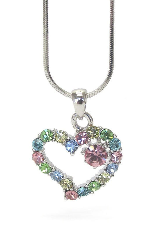 Whitegold Plating Multi Color Crystal Heart Pendant Necklace -Valentine