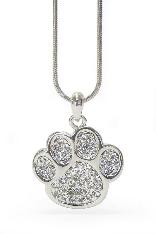 Whitegold Plating Crystal Stud Paw Pendant Necklace Pet Lovers, Dog Mom Gift