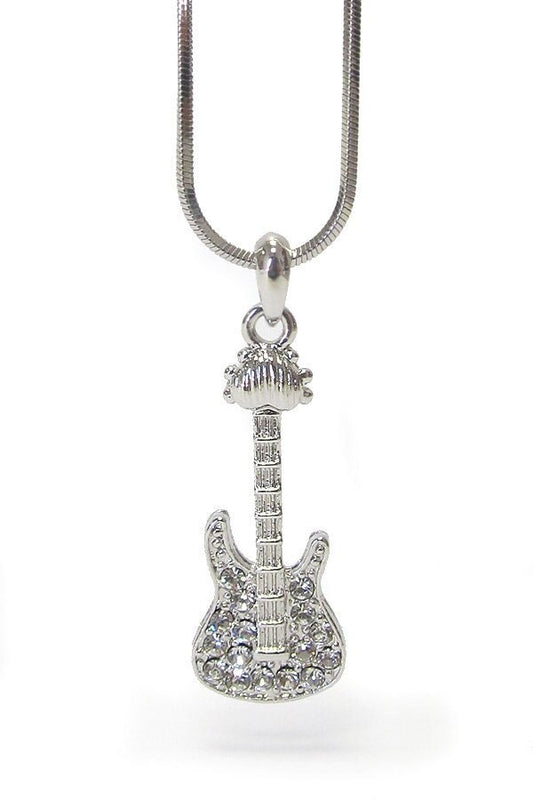 Whitegold Plating Crystal Music Theme Guitar Pendant Necklace
