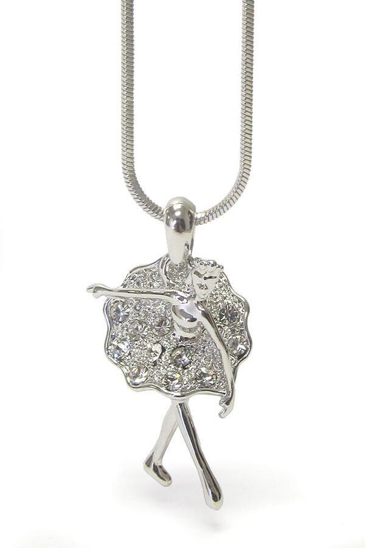 Whitegold Plating Crystal Stud Ballerina Pendant Necklace