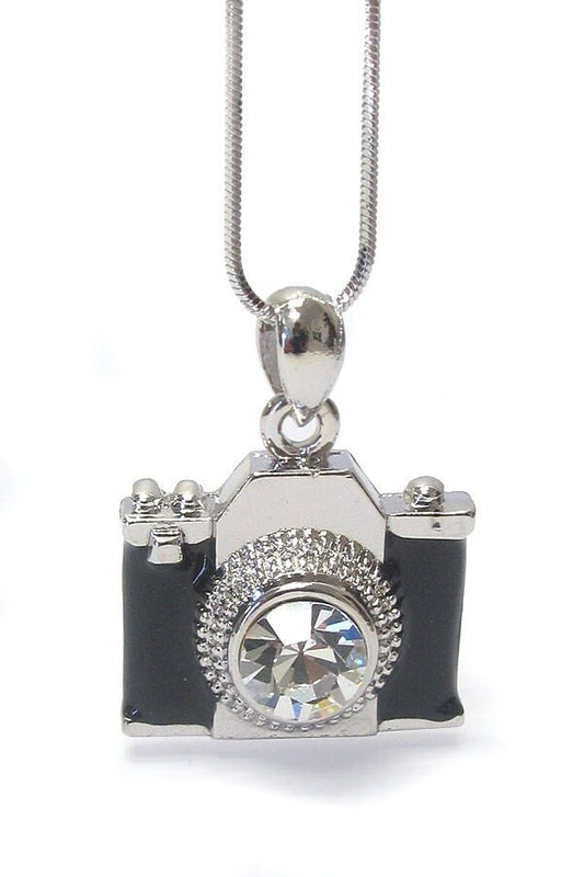 Whitegold Plating Crystal Stud Miniature Camera Pendant Necklace