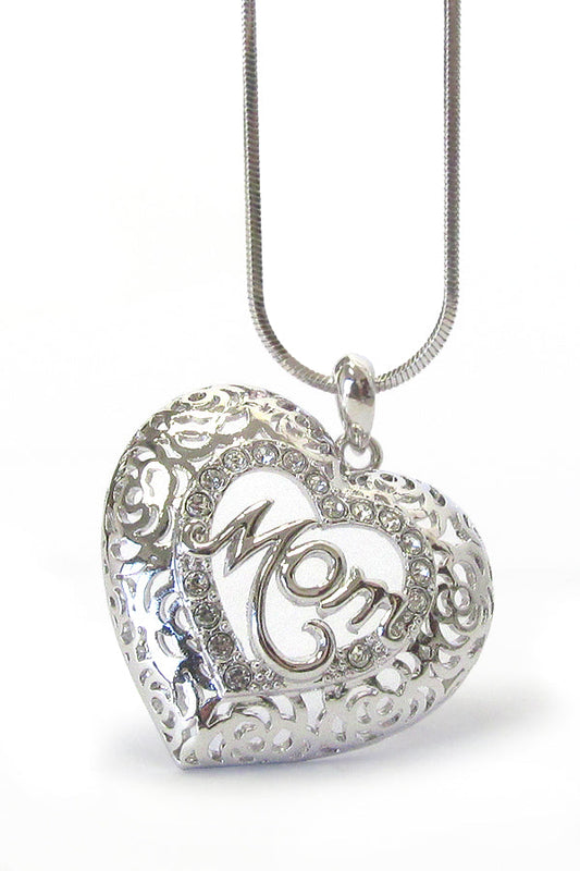WHITEGOLD PLATING CRYSTAL MOM HEART PENDANT