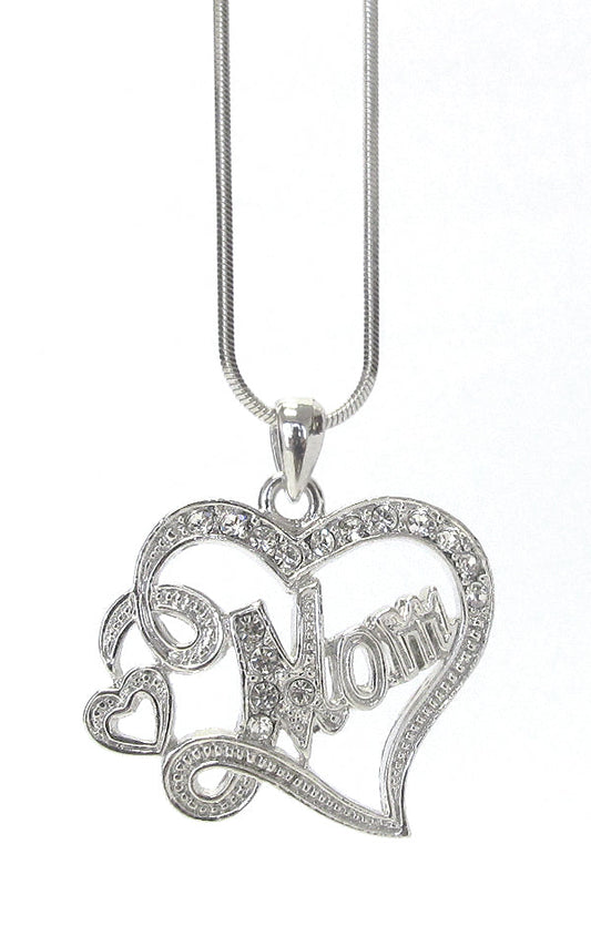 WHITEGOLD PLATING CRYSTAL MOM HEART PENDANT